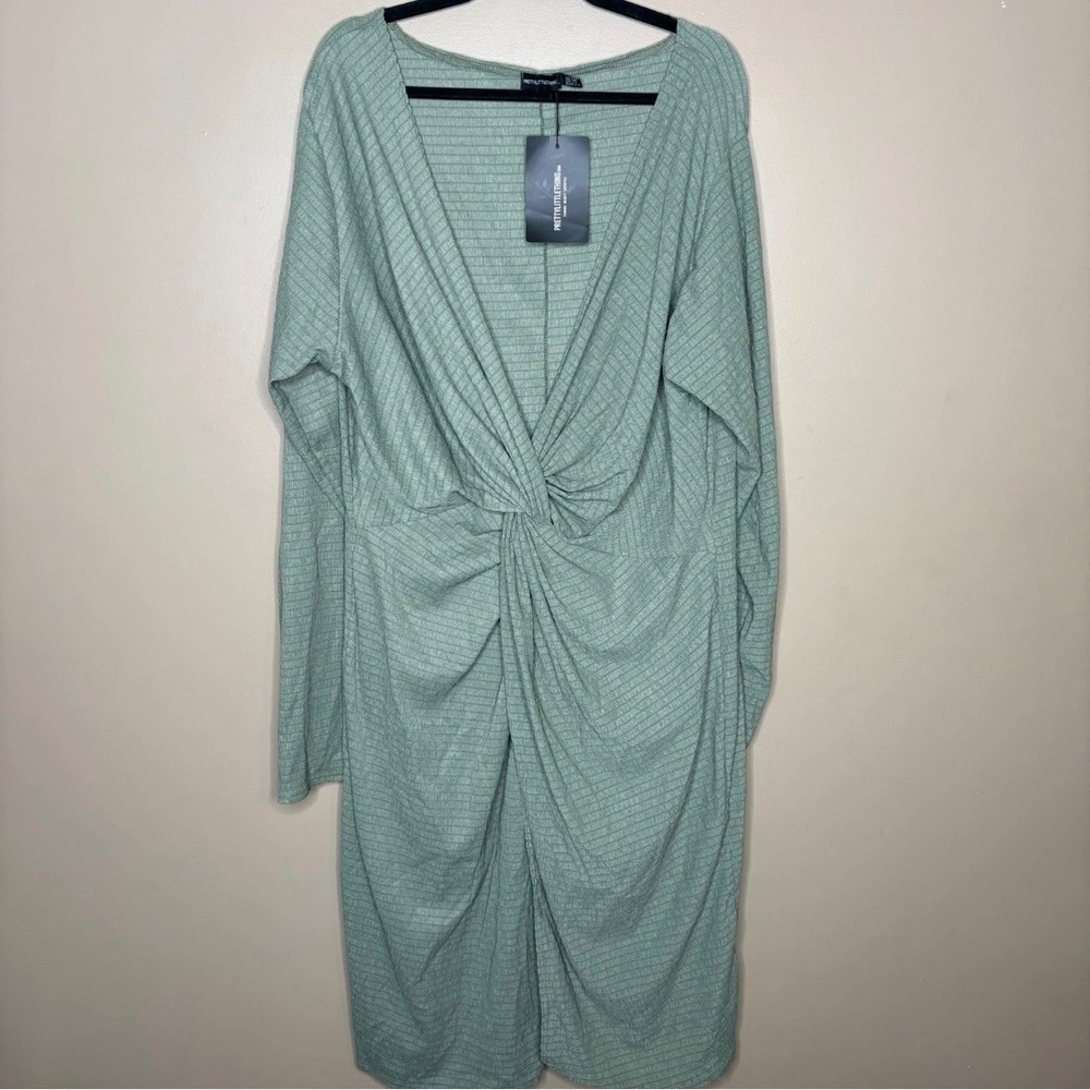 PrettyLittleThing Plus Sage Textured Wrap Front Dress US 22 NEW Date Night Party - Picture 2 of 7